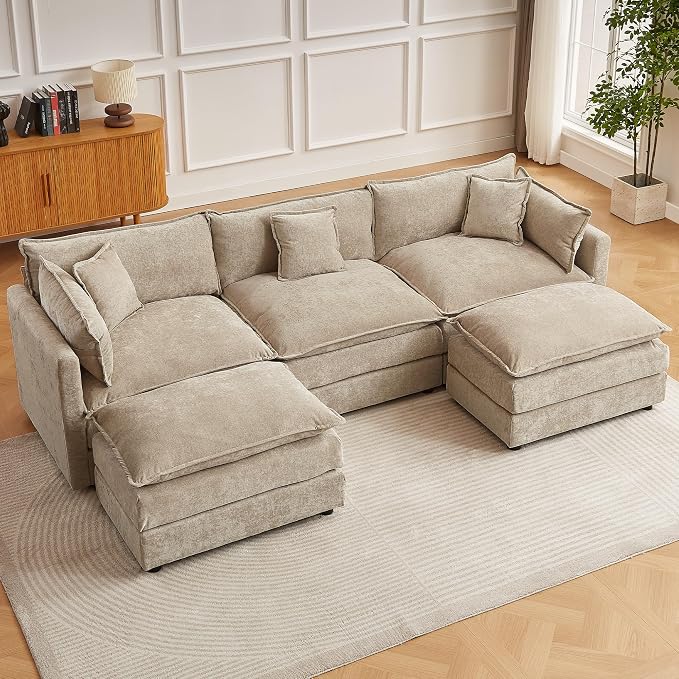 HIPIHOM Modular Sectional Sofa, 112.2 Inch U Shaped Couch Set with Armrests, 3-Seater Comfy Cloud Couches for Living Room Apartment, Coffee