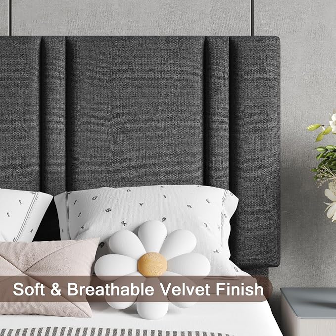 Einhomn Upholstered Twin Size Bed Frame with Linen Fabric Headboard, Strong Wooden Slats Support, Noise Free, No Box Spring Needed, Dark Grey