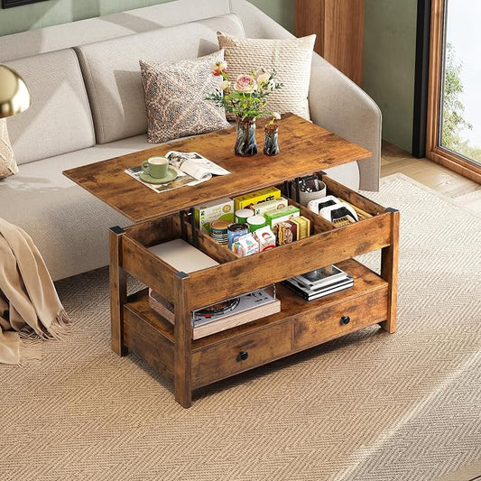 WLIVE Coffee Table, Lift Top Coffee Table with 2 Drawers, Large Hidden Compartment and Open Storage Shelf, Lift Tabletop, Dining Table for Living Room, Rustic Brown