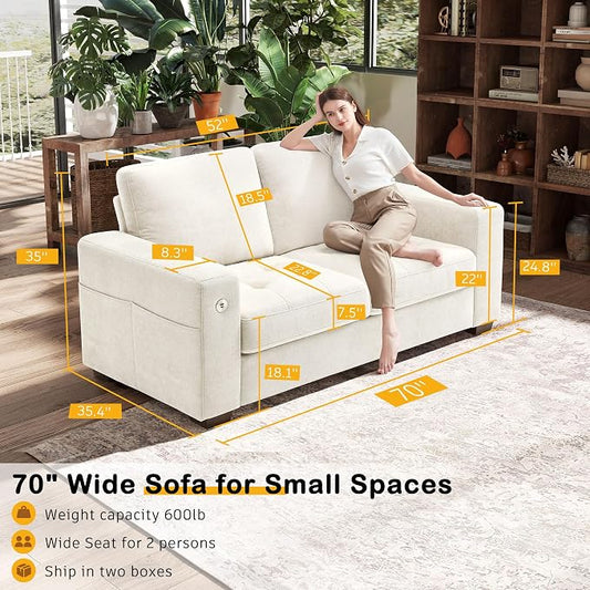 Hanherry 70" Loveseat Sofa for Living Room, Modern Comfy Couch with Medium Firm Seat Cushion, Removable Cover,Wide Armrest,USB/Type-C Port,Chenille Fabric Couches for Small Space,Apartment,Bedroom