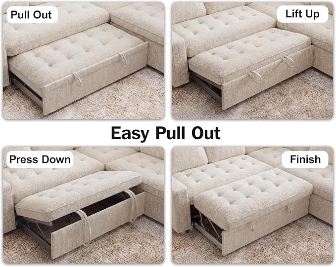 Vipbear 5 Seat L Shaped Modular Sectional Sleeper Sofa Bed with Pull Out Bed/Reclining Backrest/USB Ports/Storage Seat, Sectional Sleeper Couch, Tool-Free Assembly, Chenille Beige