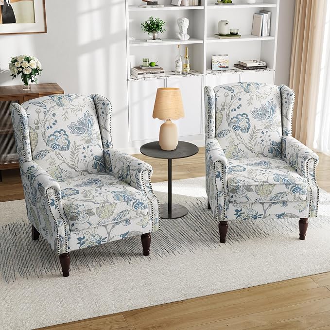 Pia Ricco Set of 2 Floral Accent Chairs, High Back Upholstered Armchairs with Retro Wingback Design, Nailhead Trim & Solid Wood Legs for Living Room Bedroom(Plants Blue)