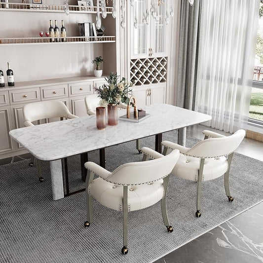 LEEMTORIG Set of 2 Large Dining Chairs with Casters and Arms, Rolling Dining Chairs with Wheels, Game Chairs, Solid Wood Boss Caption's Chairs, 26" D x 25.2" W x 31.5" H, Grey Legs & Ivory SY-1318-WT