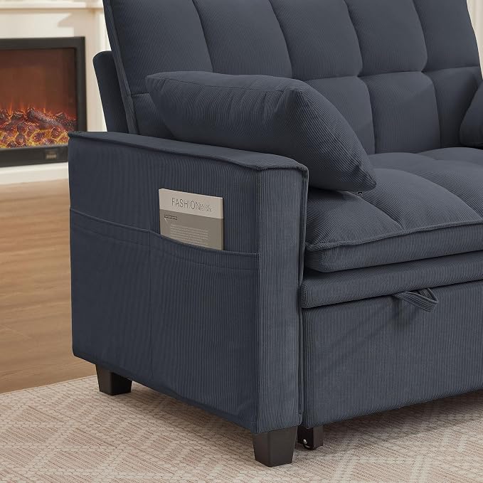 Sleeper Sofa with Pull Out Couch Bed, 48.43" Convertible Pull-Out Sofa Bed Chair, 3-in-1 Futon Couch with Reclining Backrest and Side Pockets for Living Room Bedroom Apartment, Dark Grey
