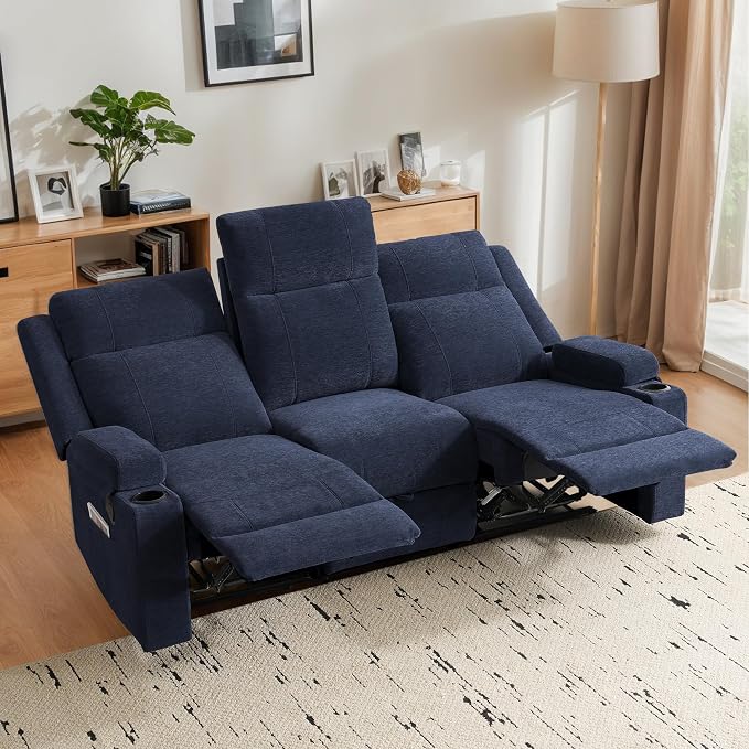 75'' Manual Reclining Sofa with Storage Drawer, 3 Seat Wall Hugger Recliner Couch with Cup Holders, Side Pockets, Chenille Fabric, Compact 3-Person Recliner for RV, Living Room, Apartment (Blue)