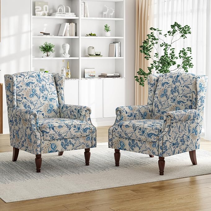 Pia Ricco High Back Floral Accent Chair - Retro Wingback Upholstered Armchair with Nailhead Trim, Solid Wood Legs, Fabric Living Room Bedroom Reading Chair (Flower Blue)