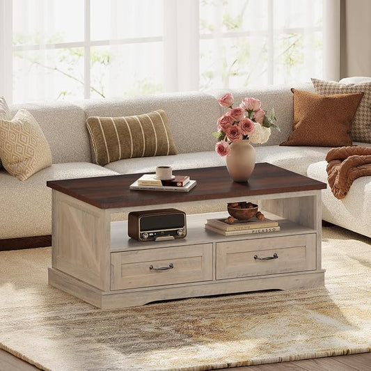 WLIVE Coffee Table for Living Room, 43" Framhouse Coffee Table with 2 Storage Drawers, Modern Center Table with Open Display Area, Elegant Curved Base, Grey
