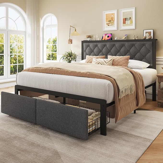 Fluest Queen Bed Frame with 2 Storage Drawers, Upholstered Headboard Button Tufted Bed Frame with Charging Station, No Box Spring Needed, Noise-Free, All Metal Structure, Grey