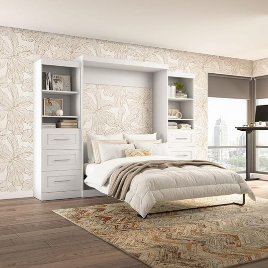 Bestar Pur Queen Murphy Bed and 2 Shelving Units with Drawers, 115-inch Space-Saving Sleeping Arrangement for Multipurpose Area, Bedroom, Guest Room, or Living Room