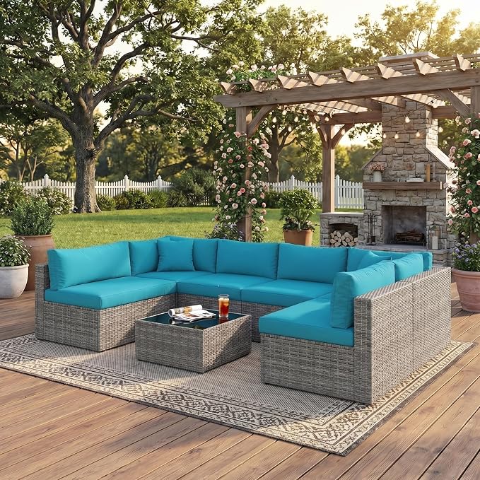 May in Color 7 Pieces Wicker Outdoor Patio Furniture Set, Patio Sectional Sofa with Coffee Table, All-Weather Outdoor Sectional Furniture for Garden Backyard, Light Blue