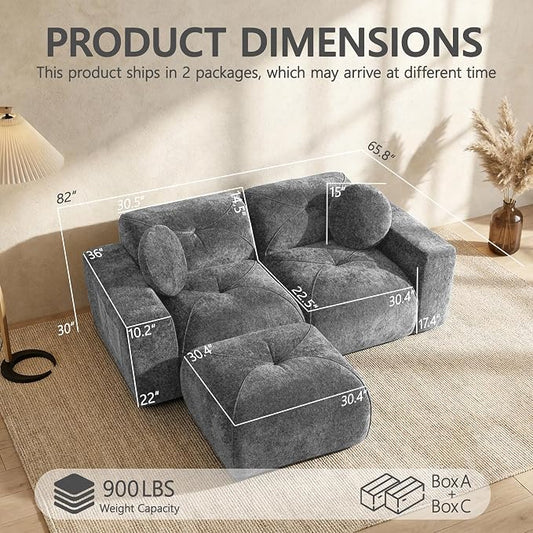 82" Modular Sectional Cloud Couch, L Shaped Sofa Boneless Couches with Movable Ottoman, 2 Deep Seat Modern Comfy Velvet Sofa for Living Room, Bedroom, Apartment (Grey)