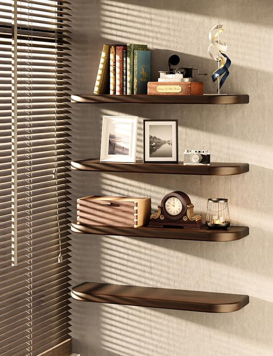 BATODA Set of 2 24” Acacia Floating Shelves for Wall (Round Edge) - Floating Bookshelf Wall - Storage Wood Shelves for House Decor, Kitchen, Bathroom - Brackets and Hardware Included (Walnut Color)