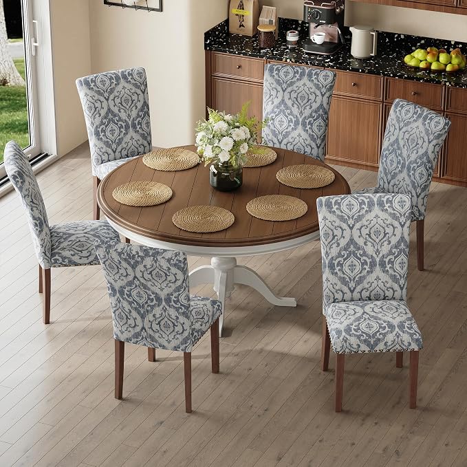 MALOL Dining Chairs Set of 2, High Back Dining Chair with Wood Legs and Nailhead Trim, Modern Padded Kitchen Room Chairs for Dining Room/Restaurant, White/Blue
