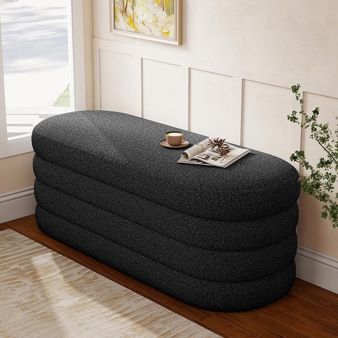 Busaurus Storage Ottoman Bench 49.2 Inch Upholstered Fabric Storage Bench for Bedroom End of Bed Aesthetic Large Oval Ottoman for Living Room Entryway (Black)