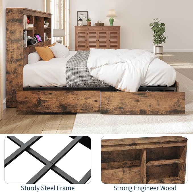 GarveeHome King Size Bed Frame with High Storage Bookcase Headboard, Wood Bed Frame with 4 Storage Drawers, Built in Charging Station, No Box Spring Needed, Metal Frame, Noise-Free, Vintage Brown