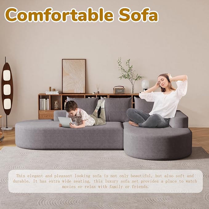 109" Modern Modular Curved L-Shaped Sofa, Chenille Upholstered Sectional Couch Set with 3 Pillows,Free Combination Sofa for Living Room (Grey, 108.5" Left Lounge)