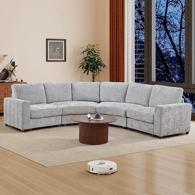 ORRD Curved Sectional Sofa, Convertible L Shaped Couch with Deep Seat, Boucle Modular Sectional Sofa with Pillows, Curved Chenille Comfy Corner 4 Seat Couch for Living Room, Grey