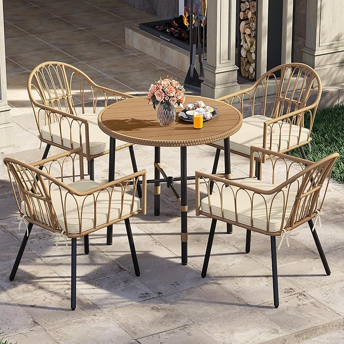 YITAHOME Patio Dining Set with Umbrella Hole for 4, Wicker Outdoor Dining Set 5pcs, Rattan Patio Dining Furniture Sets, Outdoor Table and Chairs Set for Patio Backyard Balcony Garden