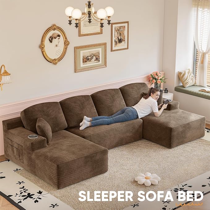 Homall 142" Boneless Couch, Modular Sectional Sofa, No Assembly Required, Memory Foam Filling, Corduroy U-Shaped Sofa, Movable Multi-Person Couch for Living Room (Brown)