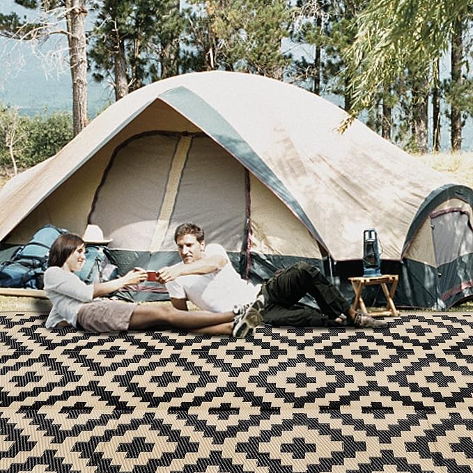 SAND MINE Waterproof Outdoor Rug 9x18 ft, Plastic Reversible Rug, Modern Area Rug, Large Floor Mat for Outdoors, RV, Patio, Backyard, Deck, Picnic, Beach, Camping, Black & Beige