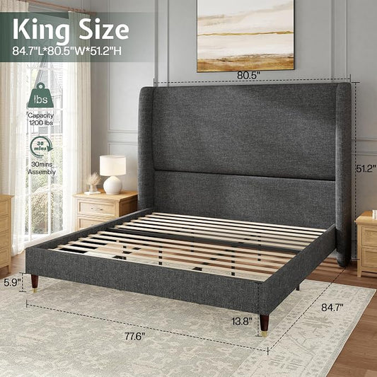 Jocisland King Size Bed Frame 51.2" Wingback Headboard Linen Upholstered Platform Bed,Solid Wood Legs & Wooden Slats,No Box Spring Needed,Noise-Free,for Family Master Suite Cozy Home,Dark Grey