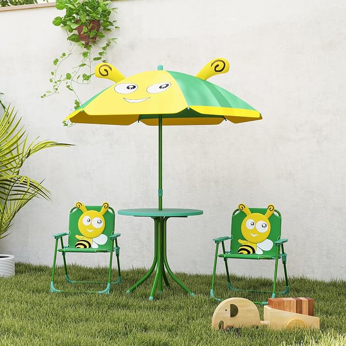 Qaba Kids Picnic Table and Chair Set, Outdoor Activity Table with Foldable Chairs, Removable Umbrella, Bee Pattern Toddler Patio Furniture for Backyard, Garden, Green