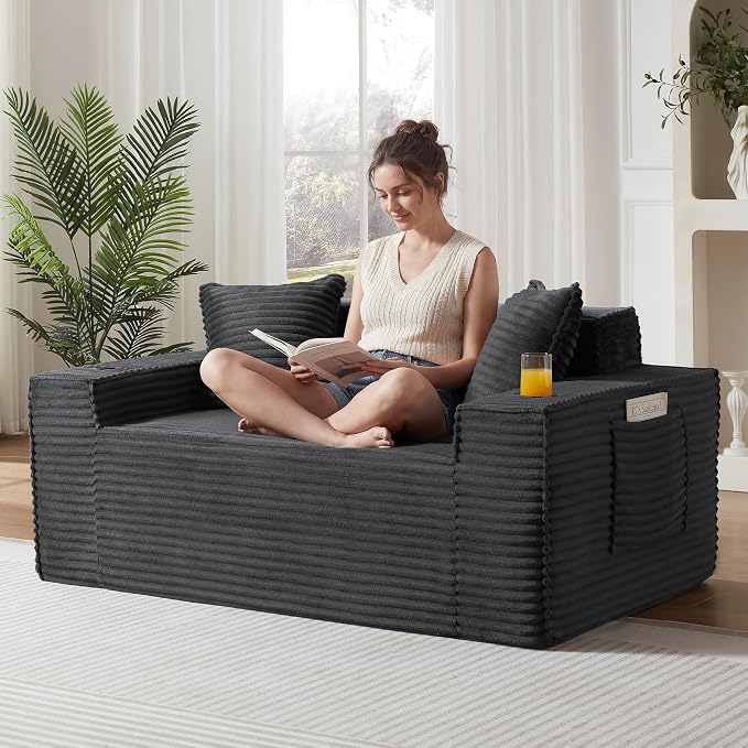 Boneless Sofa Couches with Cup Holder for Compact Living Rooms, Apartments (Deep Gray, Loveseat + 3 Seat Sofa)