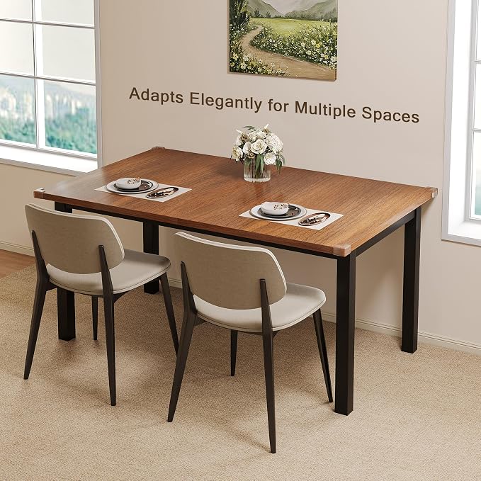 Einhomn Extendable Dining Table for 4-6, 63" Modern Kitchen Table, Farmhouse Dining Room Tables for Dining, Kitchen, Office, Living Room, Rectangular Wooden Tables, Space Saving (Walnut)