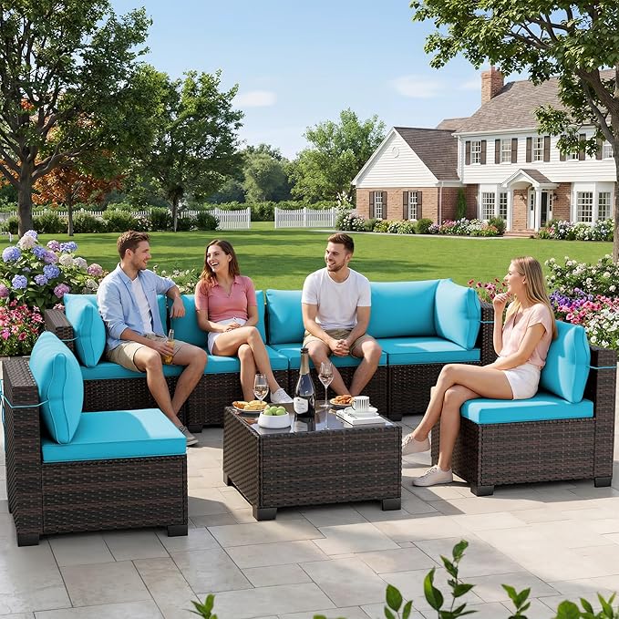 LAFWELL 7 Pieces Outdoor Patio Furniture Sets,Rattan Conversation Sectional Set,Manual Weaving Wicker Patio Sofa with Tea Table