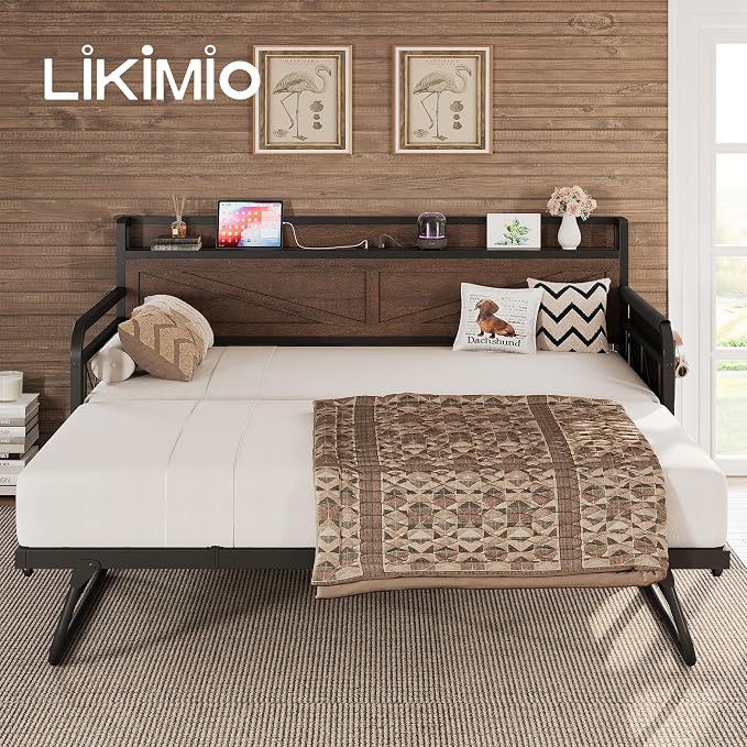 LIKIMIO Twin Daybed, Day Beds with Pop Up Trundle, Storage Headboard with Charging Station, Strong Supports for Apartment and Other Small Space, Dark Brown
