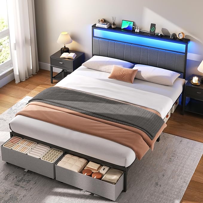 Queen Bed Frame with Storage Drawers and Charging Station, Grey | Upholstered Platform Bed with LED Lights, Headboard Storage Shelf, Noise Free, Metal Support, No Box Spring Needed