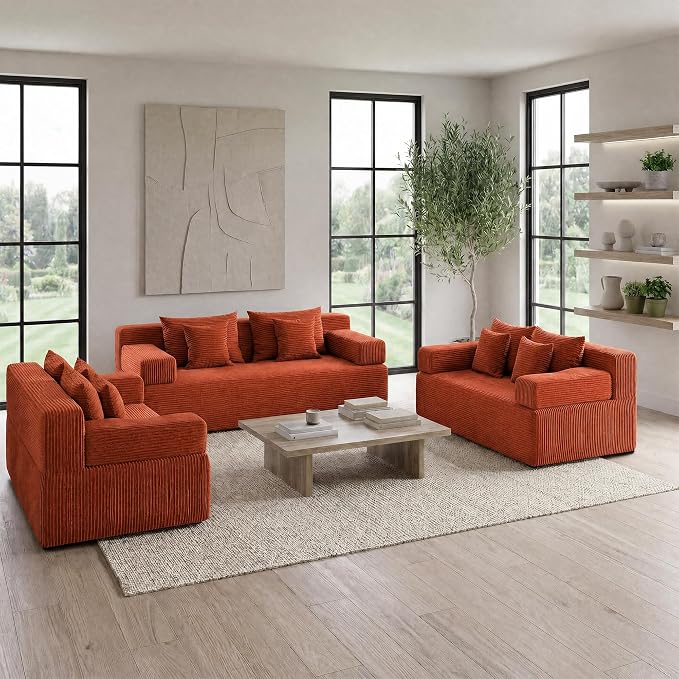 MONVANE 3-Piece Boneless Loveseat Couch Set for Living Room, Oversized Modular Sectional Sofa Set with Removable Armrests, Comfy Corduroy Cloud Couch with 12 Pillows, No Assembly Required, Terracotta