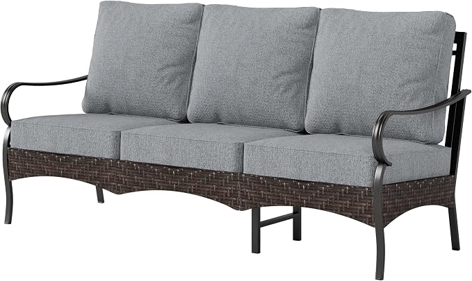 PHI VILLA Wicker & Metal Outdoor Patio Couch,3-Seat Patio Sofa with Deep Seating for Front Porch, Deck, Balcony, Backyard, Sunroom,Grey