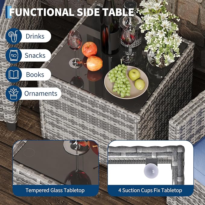 Garvee Outdoor Wicker Chairs,3 Pieces Patio Furniture Set,All Weather High Back Rattan Chairs w/Washable Cushion and Tempered Glass Tabletop for Deck Porch Balcony Backyard Garden,Gray & Blue