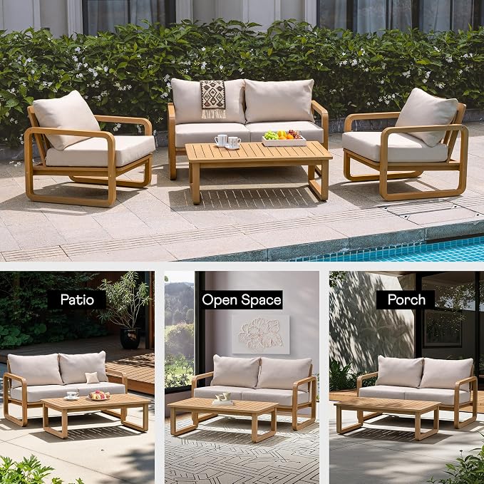 Idzo Ivy Loveseat with Coffee Table – Beige Fabric, 2-Seater Outdoor Sofa Set for Balcony, Patio or Garden – Stylish Love Seat Couches for Small Spaces