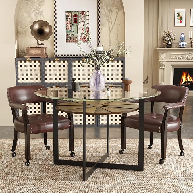 LEEMTORIG Set of 4 Large Dining Chairs with Casters and Arm, Rolling Dining Chairs with Wheels, Poker Table Chairs, Boss Caption's Chairs, 26"D x 25.2"W x 31.5"H Espresso Legs & Wine Red, XXY-1910-WR
