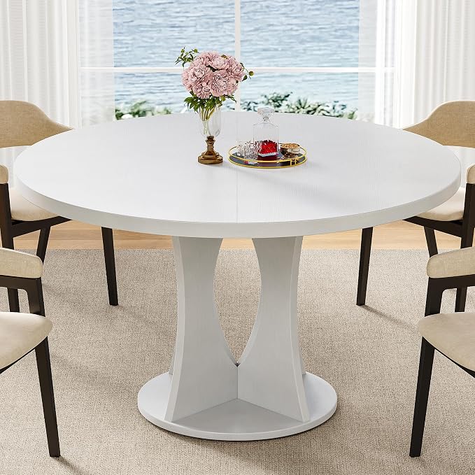 iPormis 47-Inch Round Dining Table for 4-6 People, Circle Dinner Table with Wooden Legs and A Stable Round Pedestal Base, Space Saving Wooden Kitchen and Dining Room Table, White (Table Only)