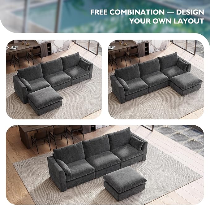 Ihanherry 117" Oversized Modular Sectional Sofa, Modern L Shaped Cloud Couch with Storage Ottoman, 4-Seat Comfy Chenille Deep Seat Sofa with 2 Pillows for Living Room, Grey