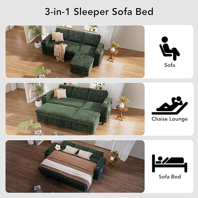 Vipbear Sectional Sleeper Sofa with Pull Out Bed, 82" L Shaped Couch Sleeper Sofa with Reclining Backrest/Reversible Storage Chaise/Armrest Storage/Cup Holder/Side Pocket, Tool-Free Assembly, Green