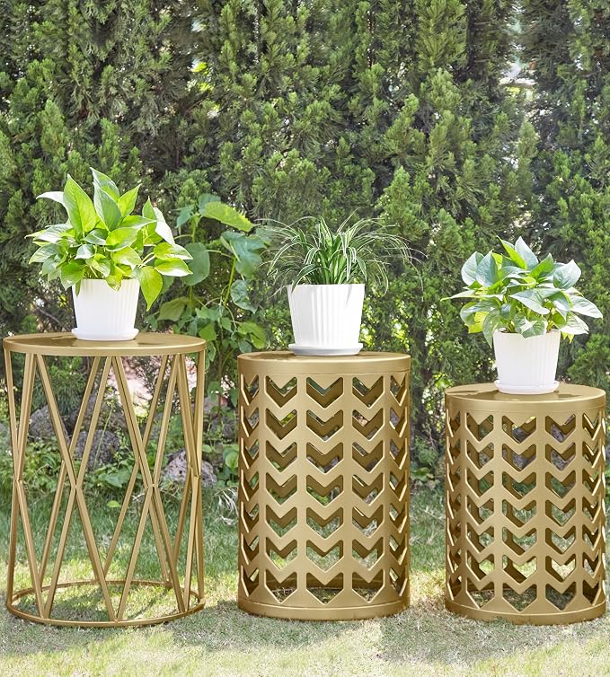 Nesting Side Table Set of 3 Decorative Round Garden Stools for Indoor Outdoor Heavy Duty Metal Frame Side Table Nightstands Modern End Table Plant Stand, Glossy Golden