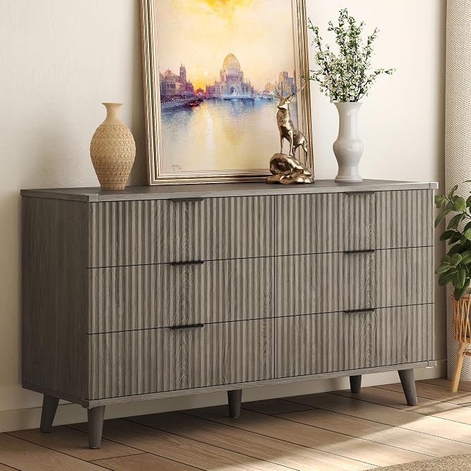 Lulive Wood Dresser for Bedroom with 6 Drawers, 53.2" Long Fluted Modern Chest of Drawers Storage Organizer, Dressers TV Stand for Living Room, Closet, Hallway (Dark Grey Oak)