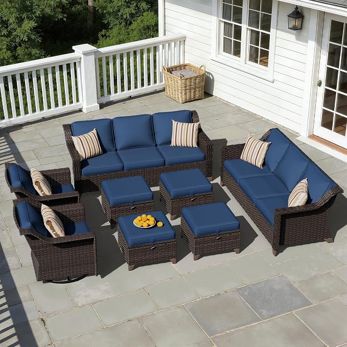 8 Pieces Patio Conversation Furniture Set - 2 Sofas, 4 Ottomans, 2 Swivel Chairs, 1 Side Table, Outdoor Wicker Furniture with Removable Cushions for Porch, Balcony, Sunroom (Blue)