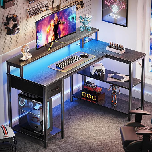 SUPERJARE 47 inch Reversible L Shaped Desk with LED Lights & Power Outlets, Computer Desk with Shelves & Monitor Stand, Gaming Desk with Drawer, Home Office Desk Corner Desk, Grey