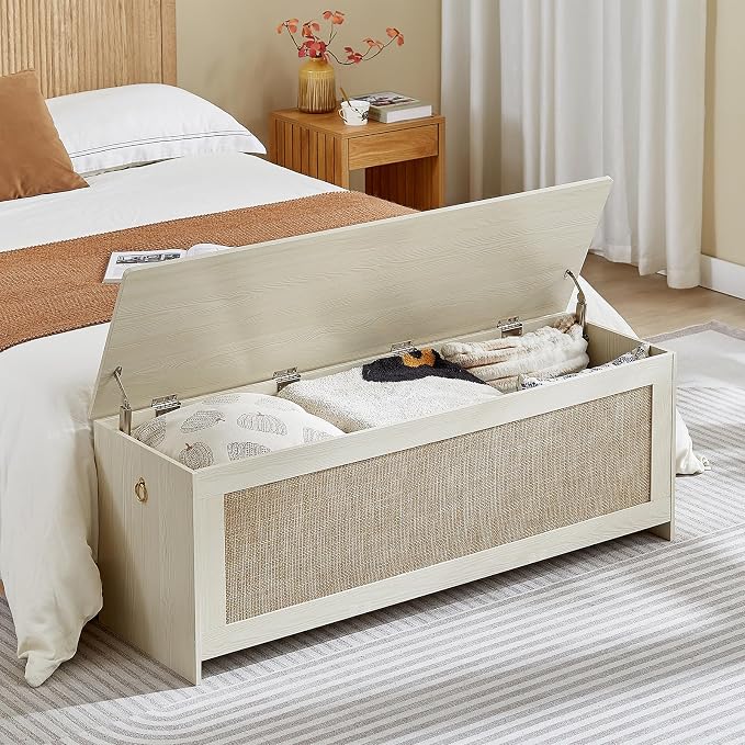 51.2" Storage Chest Extra Large,Storage Bench with 2 Safety Hinges,Wooden Shoe Bench,51.2x15.7x18.3 Inch,Easy Assembly,Storage Bench for Bedroom,Living Room,entryway(White Cream)