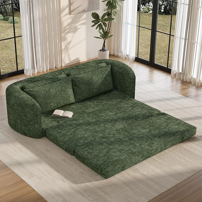 Vesgantti 86.6" Futon Convertible Sofa Bed, 3 in 1 Folding Sleeper Pull Out Couch with Curved Armrest, Modern Chenille Modular Sectional Boneless Couch for Living Room, No Assembly Required, Green