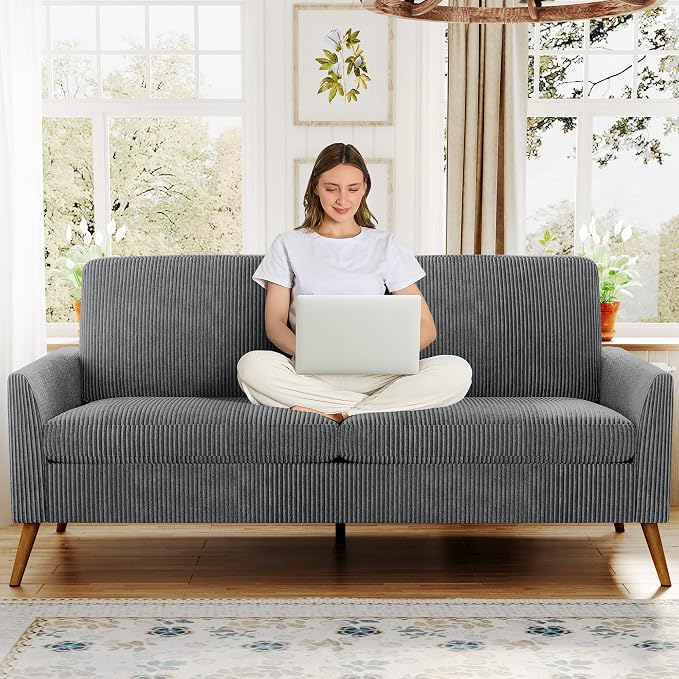 68" Loveseat Sofa, Comfy Grey Corduroy Couches for Living Room, Mid Century Modern Love Seat Sofa, Tool-Free Setup Small Couches for Bedroom Office