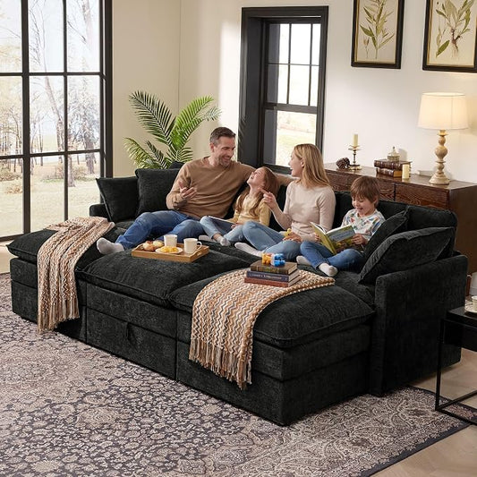 Ihanherry Oversized Sectional Sofa Bed with Storage, 103” 6-Seater Modular Cloud Couch with Movable Ottomans, Chenille Deep Seat Sleeper Couches for Living Room (Black)
