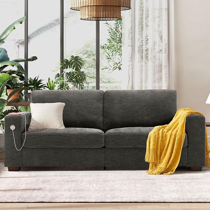 Hanherry 89" Sofa for Living Room, Modern Comfy Couch with Medium Firm Seat Cushion, Removable Cover,Wide Armrest,USB/Type-C Port,Chenille Fabric Couches for Small Space,Apartment
