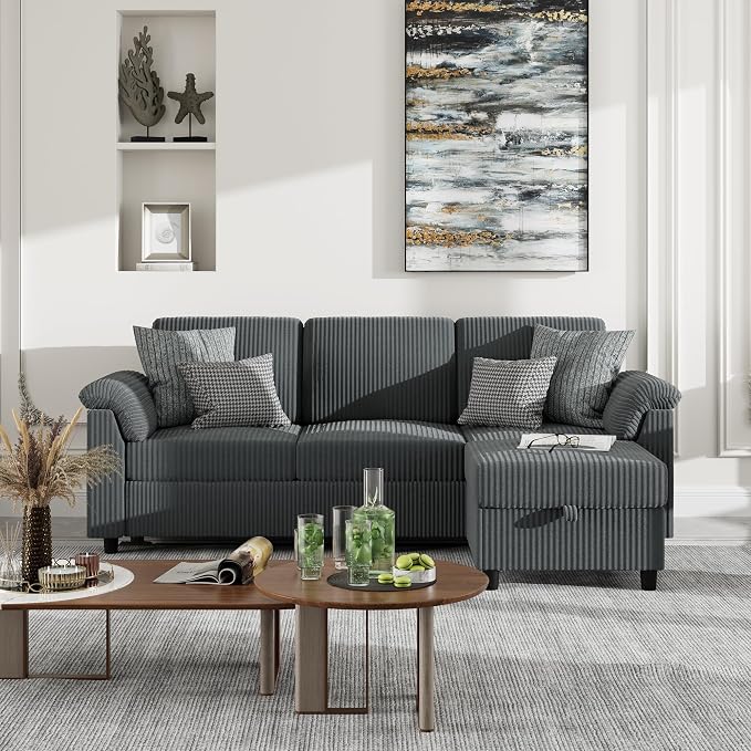 Vongrasig 79" Convertible Sectional Sofa Couch, 3 Seat L Shaped Sofa with Ottoman Corduroy Fabric Small Couch Mid Century for Living Room, Apartment and Office (Gray)