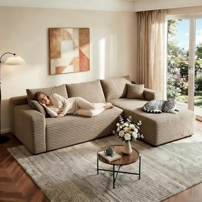 JINGLING 94" L Shape Couch with Right Chaise, Memory Foam Boneless Sectional Sofa in a Box, No Assembly Modular Small Couches for Small Spaces, Living Room, Apartments, Plush Corduroy, Camel